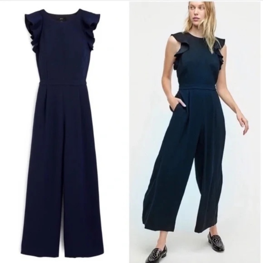 J Crew Navy Sleeveless Ruffle Jumpsuit in 365 Crepe